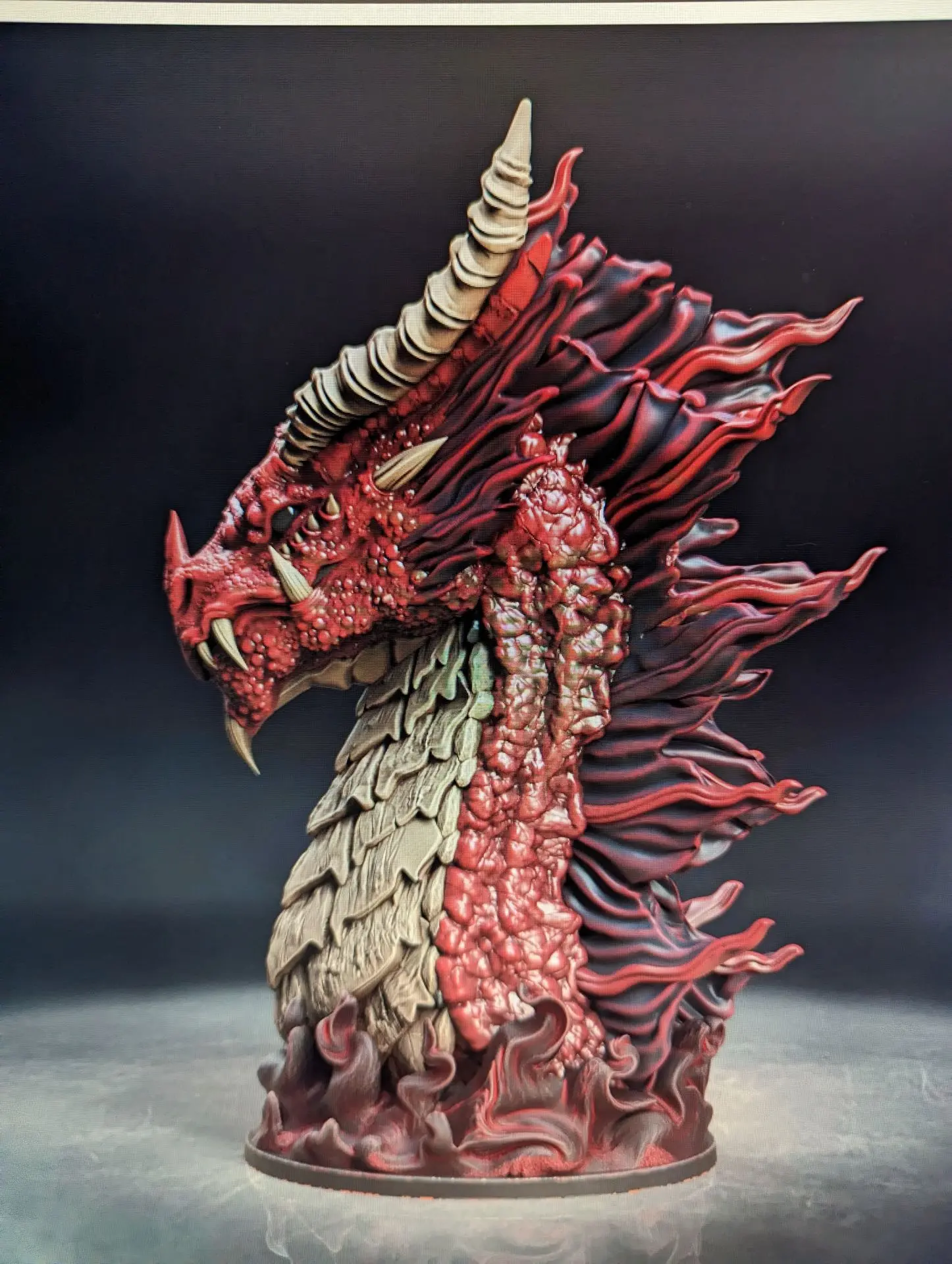 Hand-painted 3D printed dragon bust in red and bone